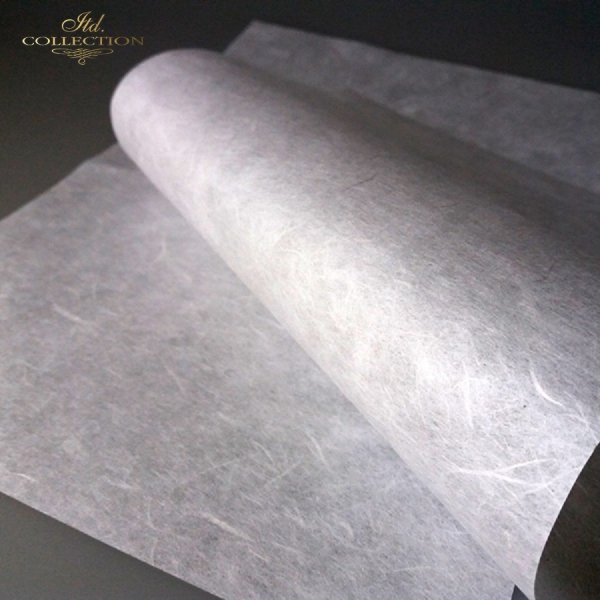 Very thin and light - only about 30-35 g/m2, semi-transparent, naturally white. It contains typical, clearly visible fibers of irregular gauge, arranged in all directions all over the paper surface, giving it an original look and structure