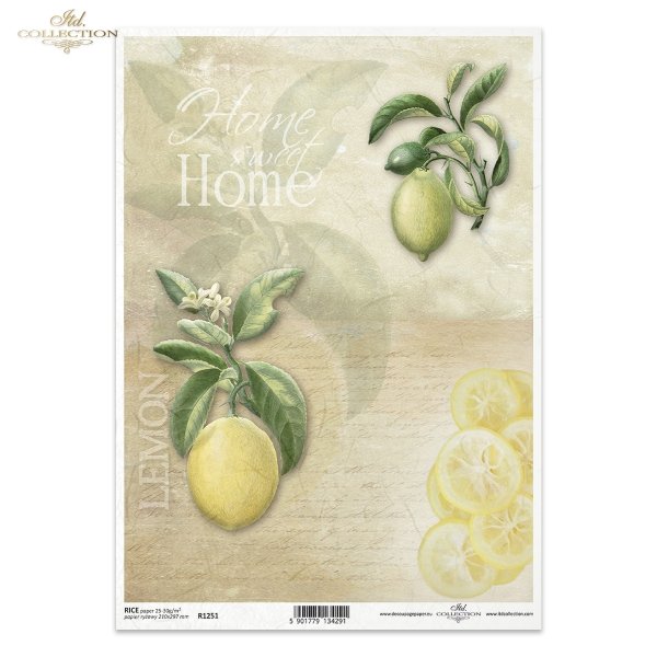 cytryna, cytrynka, plasterki cytryny, owoce, gałązka, liście, stare napisy, retro, ręczne pismo, tło, Home Sweet Home, lemon, lemon slices, fruit, twig, leaves, old inscriptions, retro, handwriting, background
