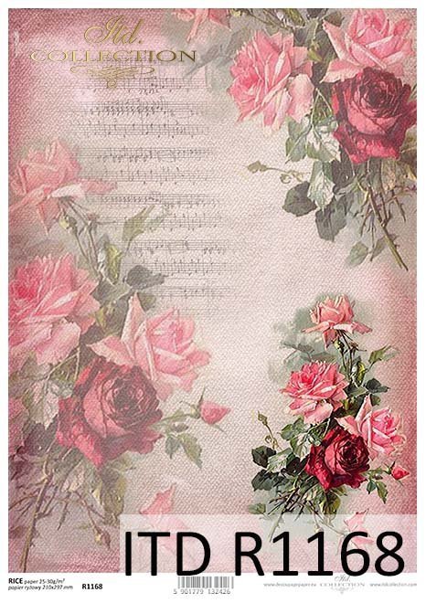 papier decoupage Róże, nuty*Paper decoupage roses, notes
