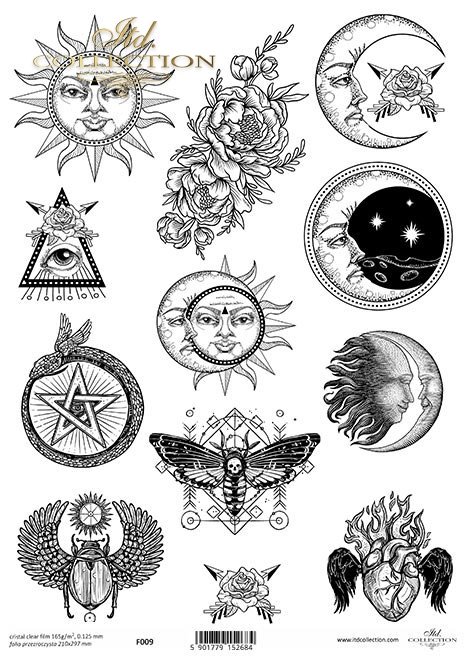 Folia przezroczysta do scrapbookingu, mixmedia... symbole, księżyc, ćma, skarabeusz, płonące serce, pentagram, słońce