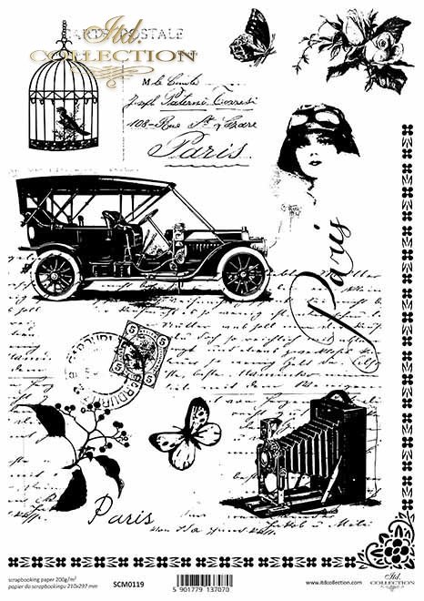 Papel scrapbooking vintage, vieja carta, carro, jaula*Scrapbooking-Papier der Weinlese, alter Buchstabe, Auto, Birdcage*Винтажная бумага для скрапбукинга, старое письмо, автомобиль, птица