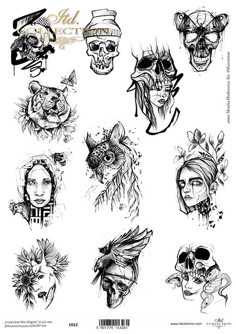 Grafiki tatuaży Moniki Dutkiewicz Art * sowa, tygrys, motyl, kot, czaszki, twarz, węże.