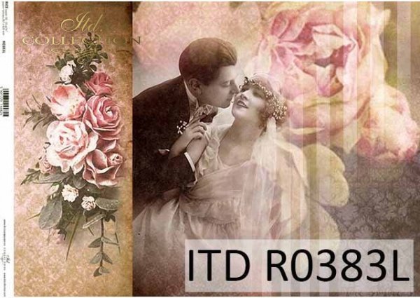 Papier decoupage retro, młoda para, nowożeńcy, zakochani, bukiet róż*Retro decoupage paper, young couple, newlyweds, lovers, a bouquet of roses