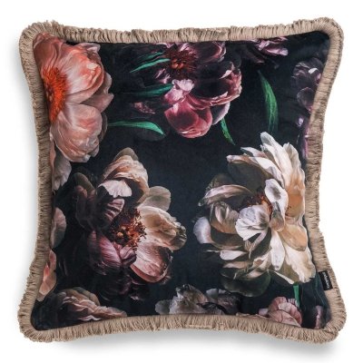 Black decorative cushion with peony pattern 45x45