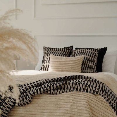 Black-Beige Set of 5 Decorative Bedroom Pillows - Cord