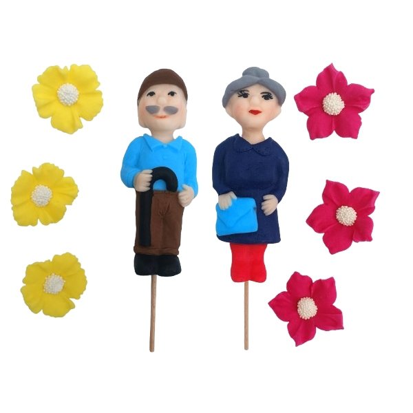 Dekoracja cukrowa Figurka na piku DZIADEK+ 3 KWIATY ZESTAW