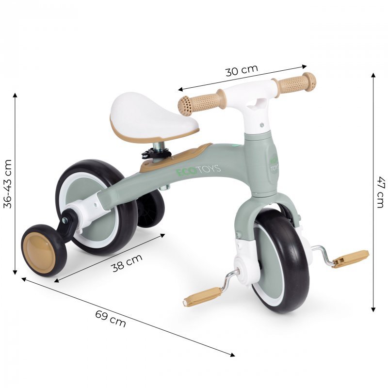 Rower rowerek biegowy z pedałami - treningowy kółka boczne 3w1 zielony ECOTOYS