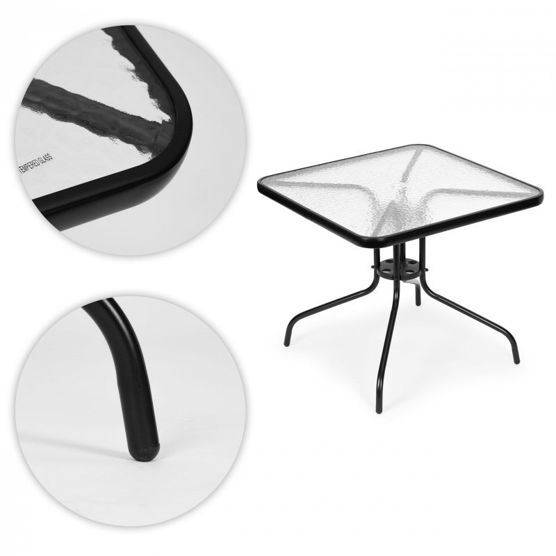 Stolik ogrodowy 80x80 cm na taras ogród balkon szkło hartowane otwór na parasol MultiGarden