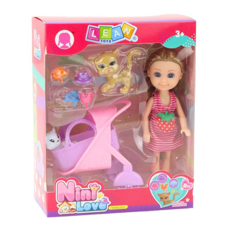 Mini Lalka Z Akcesoriami Wózek Kotki Zestaw Laleczka Różowa