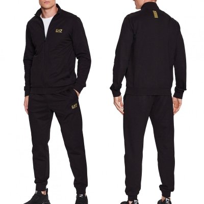 Komplet dresowy Emporio Armani EA7 męski spodnie bluza ze stójką czarny złote logo bawełniany