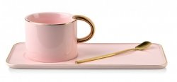 Filiżanka porcelanowa - ze spodkiem i łyżeczką - CYNTHIA - Różowa - 200ml 