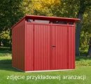 Domek ogrodowy z dachem dwuspadowym „Berry” model „Classic” typ 2, RAL 5014, gołębi, wersja z drzwiami 2-skrzydłowymi