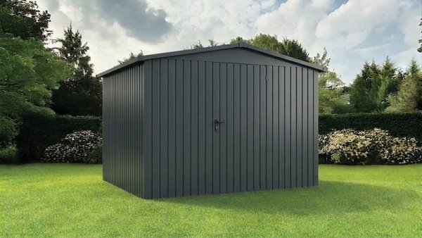 Metalowy domek narzędziowy EcoStar Euroline ESD 14 (310x310 cm) - dach dwuspadowy, drzwi 1-skrzydłowe, kolor antracyt RAL 7016