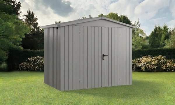 Metalowy domek narzędziowy EcoStar Euroline ESD 5 (214x214 cm) - dach dwuspadowy, drzwi 2-skrzydłowe, kolor szary aluminium RAL 9007