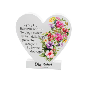 Drewniana tabliczka serce z podstawką wzbogacona lakierem UV z napisem Życzę Ci Babuniu. 9,5x1,5x15 cm