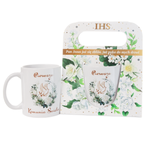 Kubek ceramiczny z napisem  Pierwsza Komunia Święta w ozdobnym opakowaniu