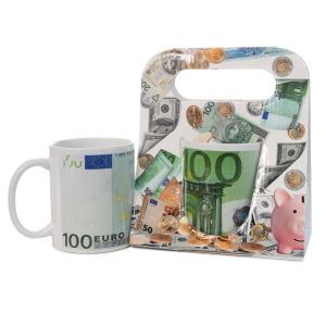 Kubek ceramiczny w ozdobnym białym opakowaniu, 100 euro