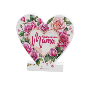 Drewniana tabliczka serce z podstawką wzbogacona lakierem UV z napisem Najukochańsza Mama 14.8x15x1,5 cm