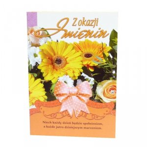 Kartka Z Okazji Imienin, bukiet kwiatów, słonecznik i wstążka