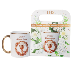 Kubek ceramiczny ze złotym rantem i uchem Pierwsza Komunia Święta w ozdobnym opakowaniu