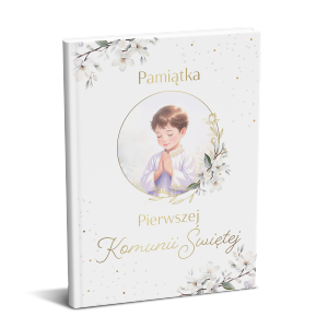 Książeczka z okazji I Komunii Świętej w formacie A5 wraz z kopertą w środku.