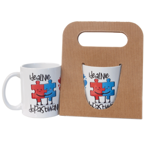 Kubek ceramiczny z napisem Idealnie dopasowani w ozdobnym opakowaniu eco.