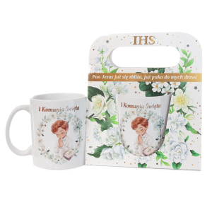 Kubek ceramiczny z napisem I Komunia Święta  w ozdobnym opakowaniu 