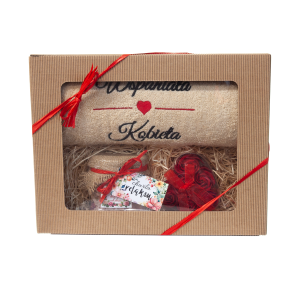 Zestaw prezentowy z kremowym ręcznikiem Wspaniała kobieta   + sól i mydełko   w ozdobnym opakowaniu