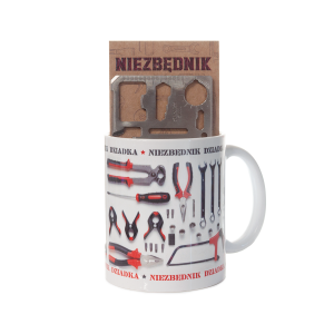 Kubek ceramiczny z napisem NIEZBĘDNIK DZIADKA z narzędziem wielofunkcyjnym.