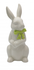 KRÓLICZEK CERAMICZNY STOJĄCY BIAŁY Z LIMONKOWĄ KOKARDKĄ DUŻY 8,5x9,5x20,5 cm