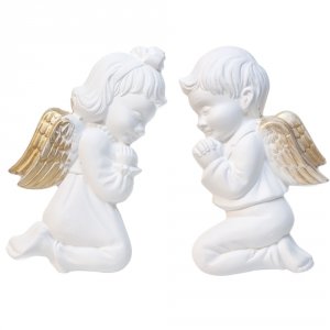 Aniołek gipsowy płaski dziewczynka , chłopiec, złote skrzydła .Wysokość 18 cm