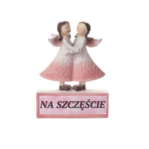 Figurka aniołki z tekstem na postumencie NA SZCZĘŚCIE. 11x4.8x14.7 cm