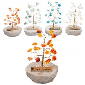 Drzewko szczęścia. Ok. 20 kamieni szlachetnych. Różne rodzaje. Średnica 6 cm wys. 10 cm.