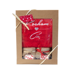 Zestaw prezentowy - ręcznik z napisem  KOCHAM CIĘ  kolor czerwony + sól himalajska + płatki róż w ozdobnym opakowaniu