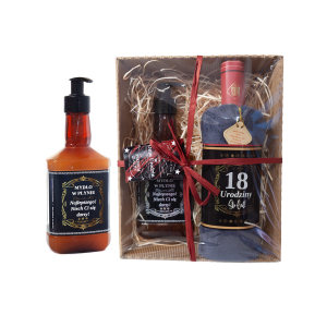 Zestaw prezentowy 18 URODZINY  ręcznik w kształcie butelki i mydło w płynie