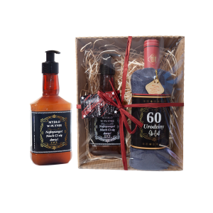 Zestaw prezentowy 60 URODZINY  ręcznik w kształcie butelki i mydło w płynie