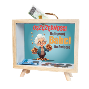 Skarbonka MDF z uchwytem Oszczędności Najlepszej Babci na Świecie.   21x8x22 cm
