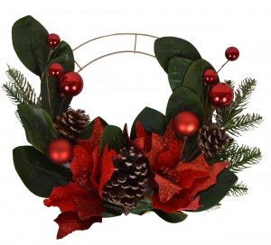 OBRĘCZ ZŁOTA METALOWA Z KWIATEM GWIAZDY BETLEJEMSKIEJ, SZYSZKAMI I BOMBKAMI 53cm