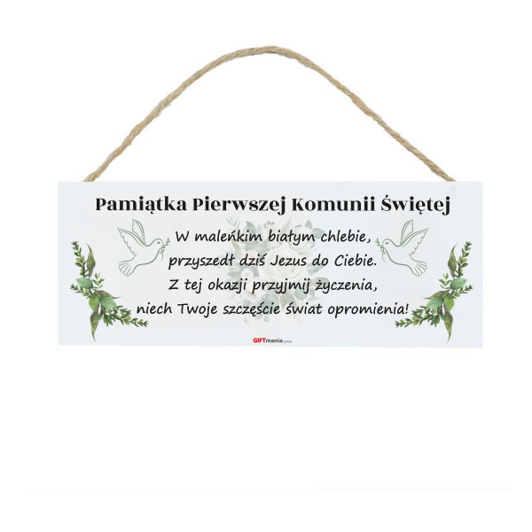 Drewniana tabliczka prostokąt wzbogacona lakierem UV "Pamiątka Pierwszej Komunii Świętej" Rozmiar 18x7,5 cm