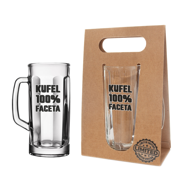 Kufel do piwa z napisem "100 % Faceta" w ozdobnym opakowaniu eco . 650 ml