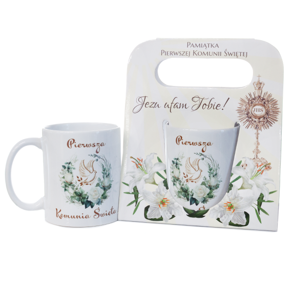Kubek ceramiczny w ozdobnym opakowaniu z napisem &quot; Pierwsza Komunia Święta&quot;