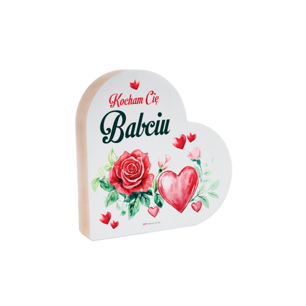 Drewniana tabliczka serce z podstawką wzbogacona lakierem UV z napisem &quot;Kocham Cię Babciu&quot;  12x12x2.5 cm