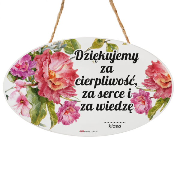 Drewniana tabliczka owal wzbogacona lakierem UV z napisem &quot;Dziękujemy...&quot;