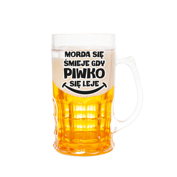 Art. dekoracyjny sztuczny kufel do piwa z napisem " Morda się śmieje gdy piwo się leje ". Wysokość 15,5 cm