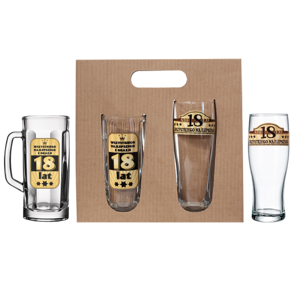 Zestaw prezentowy "18 lat"  kufel i szklanka do piwa w opakowaniu