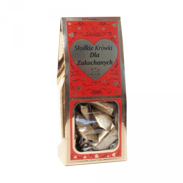 Pyszne krówki ciągutki w złotym opakowaniu z napisem "Dla zakochanych"