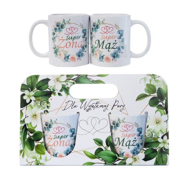 Komplet dwóch kubków w ozdobnym opakowaniu "Super Żona Super Mąż"