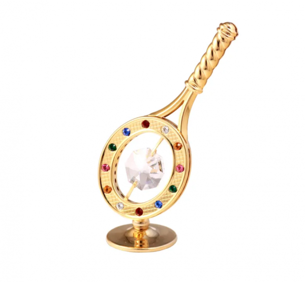 Pozłacana figurka z kryształkami STRASS Swarovski. Rakieta tenisowa 6,5×9,5 cm