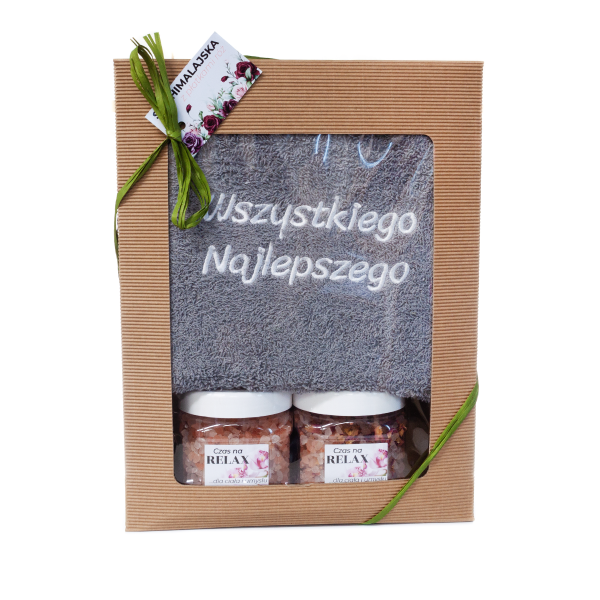 Zestaw prezentowy - ręcznik kąpielowy z napisem &quot;WSZYSTKIEGO NAJLEPSZEGO &quot; kolor szary + sól himalajska + płatki róż w ozdobnym opakowaniu