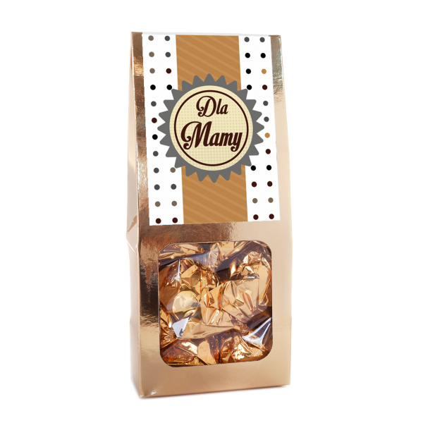 Wanilowe praliny  w złotym opakowaniu z napisem &quot;Dla Mamy&quot;. Wysokość 18 cm  Masa netto 108 g
